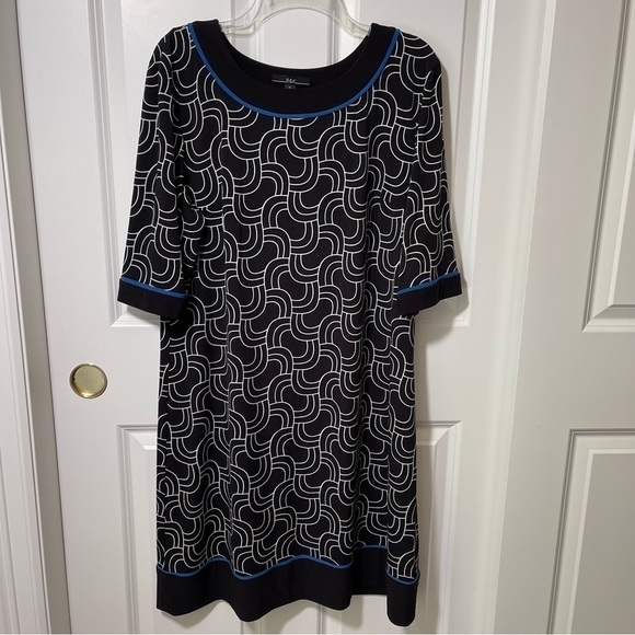 R&K Shift Dress Scoop Neck Elbow Length Sleeves Black White Blue Geo Print - Picture 4 of 11